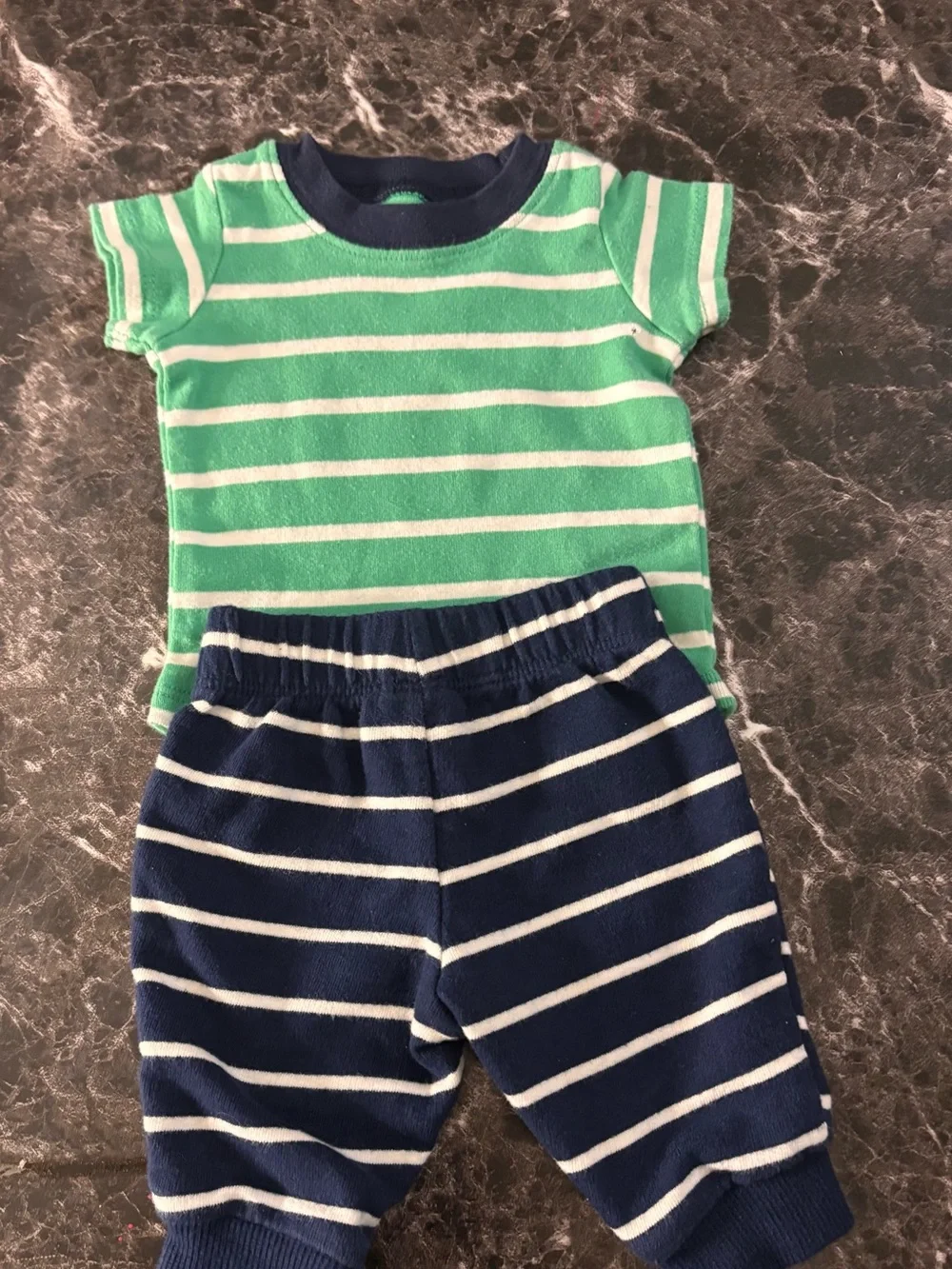 Striped Baby Two-Piece Sets in Green/Navy and Light Blue/Copper
